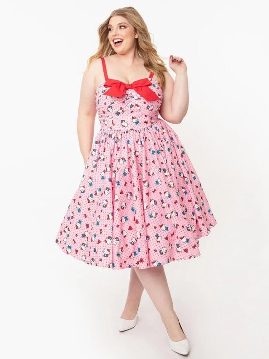Unique Vintage Dresses & Skirts - Hello Kitty x Unique Vintage Pink Dotted Kitty Print Golightly Swing Dress 3X/20